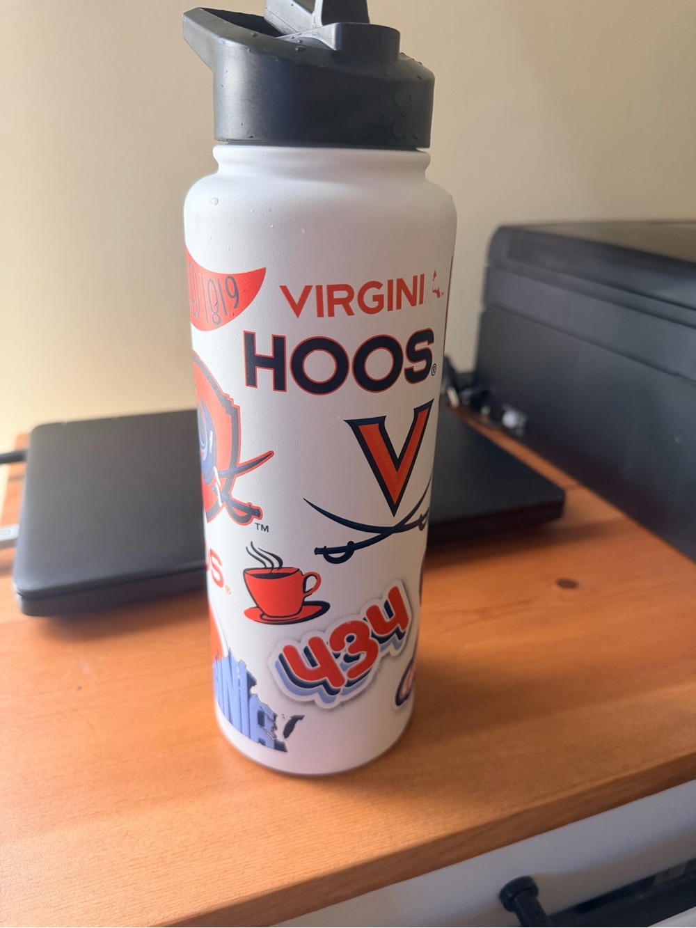34oz. "Logo brands" Virginia Hoos $ Stickers White Sports Water Bottle Black Lid